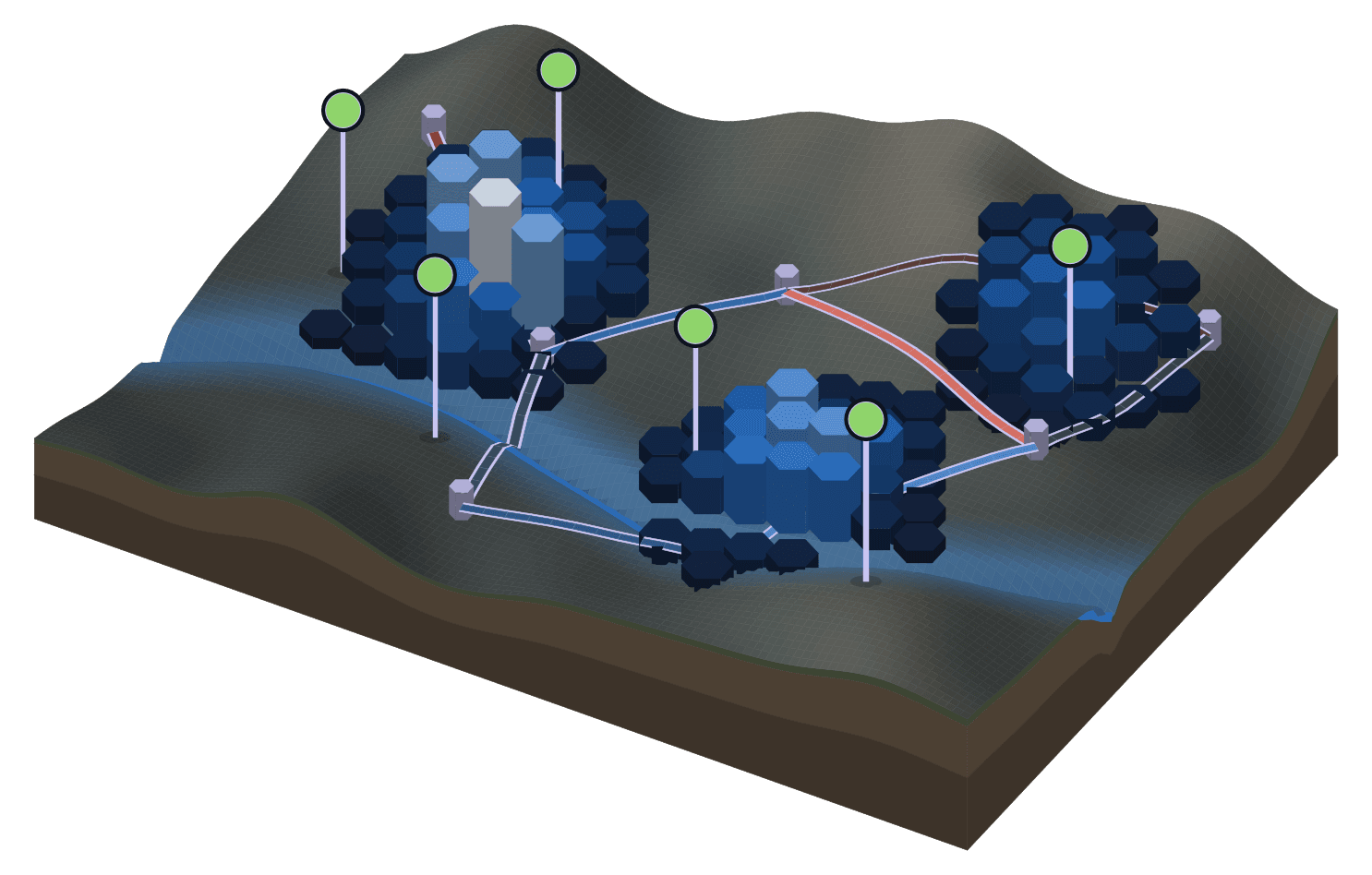 A territory with demand columns, charging sites and the grid
