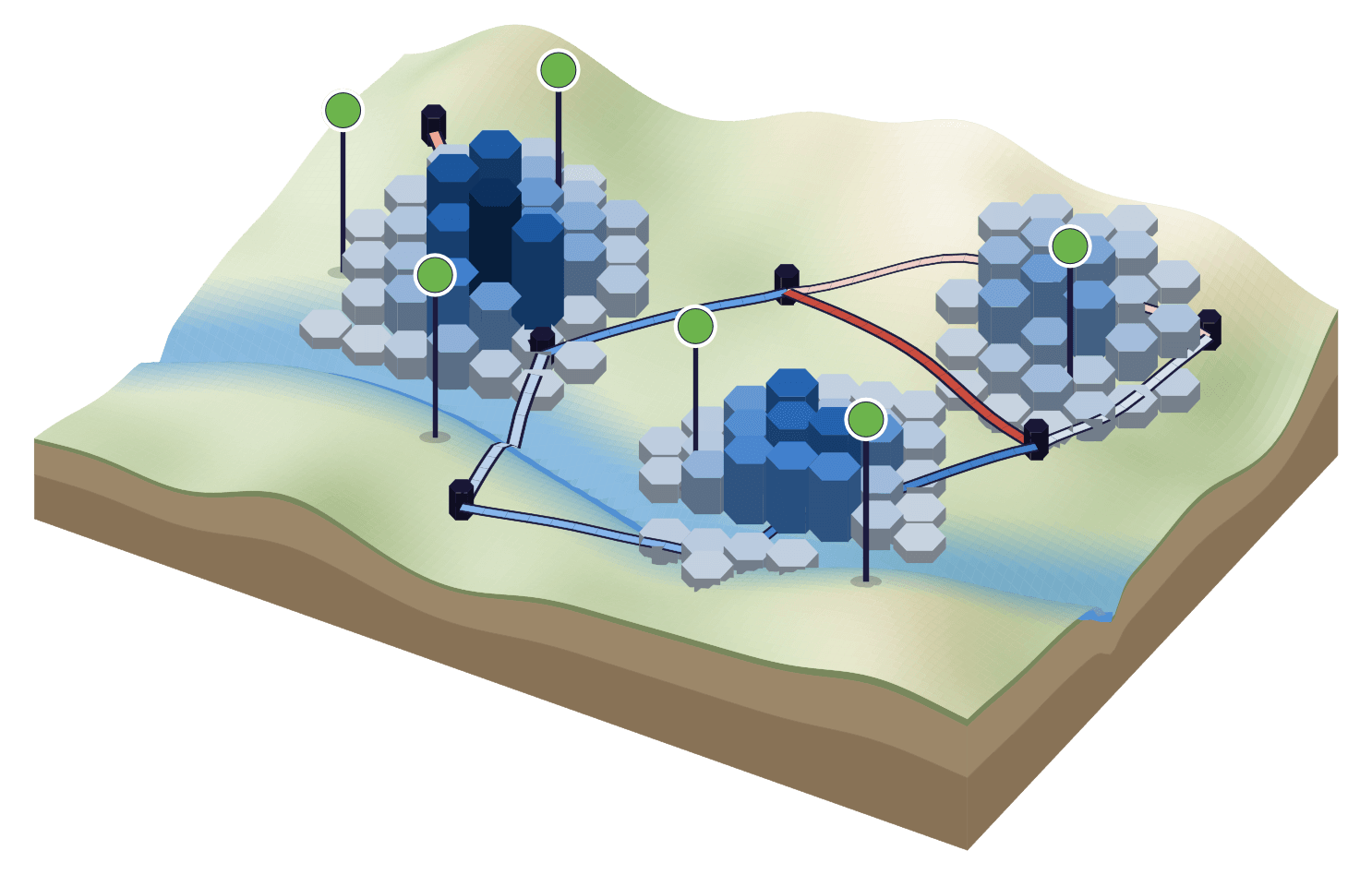 A territory with demand columns, charging sites and the grid